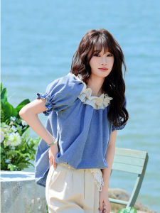 Casual Loose Womens Denim Shirt Floral Lace Halter Neck Top Summer New Style Anti-Wrinkle Short Sleeve Chinese Brand White Pour