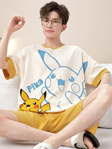 ชุดนอนผ้าฝ้ายแขนสั้นพิมพ์การ์ตูนสําหรับผู้ชาย สไตล์ฤดูร้อนสบายๆ สําหรับเยาวชน