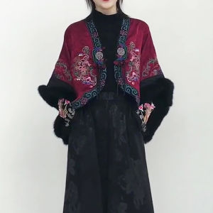 Autumn Winter Ethnic Style Embroidered Shawl Cowl Neck Coat Womens New Chinese Style Outerwear Batwing Sleeve Open Cardigan Top Short Jacket