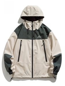 ROMON | Lormen Mens Casual Jacket Spring Autumn New Loose Fashionable Color Block Windproof Hooded Zipper Sleeve Urban Style Coat