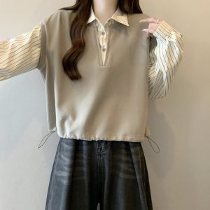 เสื้อเชิ้ตแขนยาวลายทางสั้นสไตล์เกาหลีสำหรับผู้หญิงในฤดูใบไม้ร่วง ทรงหลวม สไตล์ลำลอง เสื้อสเวตเตอร์ คอกลม