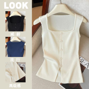 Luxury Brand Womens Square Collar Bared Clavicle Knitted Sweater Summer New Simple Pure Color Top Korean Style Straight Tube