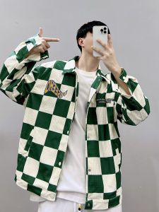 PGUP STUDIO Retro Color Block Green Plaid Collar Jacket Mens Spring High Street Fashion Outerwear Youth Pop Style Long Sleeve
