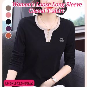 Loose Long Sleeve Casual T-shirt Womens Plus Size Temperament Versatile Solid Color Top Slimming V-neck Casual Bottoming Shirt Top