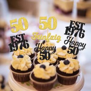 YOMDID 24Pcs Happy 50th Birthday Cake Toppers Glitter Fifty Number 50 Cupcake Toppers Picks for Muffin Party Decorations