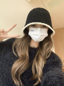 สีดำ Furry ถัก Ted Bucket Hat ผู้หญิง 2023 ใหม่ ฤดูใบไม้ร่วง ฤดูหนาว หน้าสไตล์น้ําหอมขนาดเล็ก พรางหุ่น Natural ถัก หมวกชาวประมง