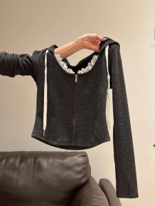 Korean Style Long Sleeve Lace Trim Hooded Open Cardigan Womens Spring Autumn Zipper Splicing Slimming Super Beautiful Top