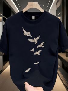 Pure Cotton Mens T-Shirt Half Sleeve Personality Print Short Sleeve round Neck Summer Loose Versatile New Trend Casual Top