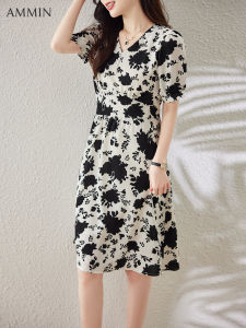 AMMIN Korean style simple V neck short sleeve vintage floral print elegant chiffon dress Female 2023 summer new fashion A-line knee long sweet lantern sleeve dress