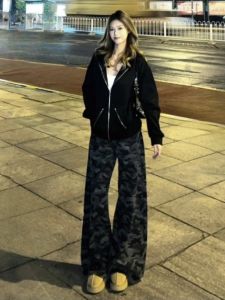 Extended Length American Camouflage Workwear Jeans High Waist Straight Leg Loose Fit Slimming Floor-Length Pants for Tall Women