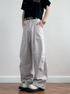 American Deconstructed Patchwork Line Work Pants Men Loose Wide Leg Straight Casual Trousers Youth Fashion Summer Leisure