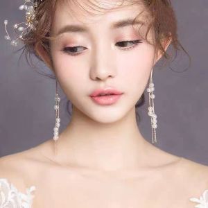 Super Fairy Pearl Ear String Womens S925 Sterling Silver Long Tassel Face Slimming Earrings Minimalist Wedding Bridal Ear Jewelry