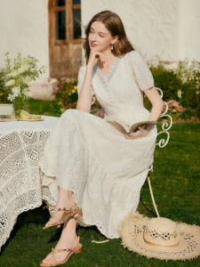 XIANGYING | French White V-Neck Lace Stitched Hollow Out Waist-Tying Dress