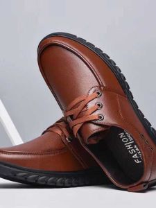 Spring Autumn Soft Bottom Mens Leather Shoes Casual Lace-Up Breathable Wear-Resistant Youth Shoes Flat Heel round Toe Rubber Sole