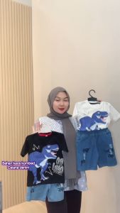 Setelan Anak Baju Anak Celana Jeans Denim Usia 1-5 Tahun Motif Dino