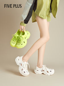 Five plus Thick Heel Clog Shoes Womens Summer New Hollow out Dad Casual Beach Sports Sandals round Toe mid Heel EVA Material