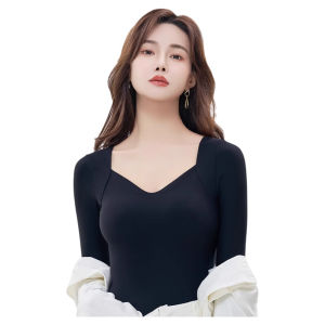 Womens Thermal Underwear Slim Fit V-Neck Long Sleeve Single Layer Nylon Spandex Base Shirt Chest Pad Included No Bra Needed