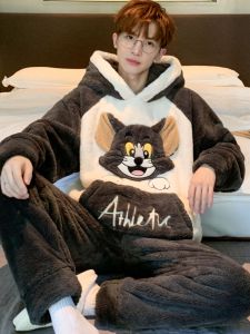 Bộ Đồ Ngủ Nam Mùa Đông Dày Dặn Tay Dài Nhung Coral in Hình Hoạt Hình Giữ Nhiệt Quần Áo Mặc Nhà Thoải Mái Thoáng Khí