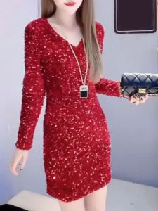 Spring 2024 New Arrival Fashion Sequins Dress Female plus Size Waist Fitted Figure Flattering Easiest for Match Mid Length Long Length Temperament Dress