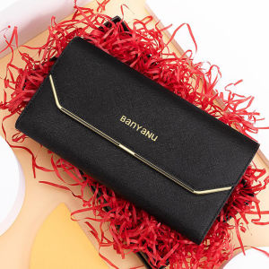 BANYANU Dompet Wanita Fashion Long Wallet Women Card Holder Trifold Purse Original Cow Genuine Leather Wallet for Women Black Color Gifts