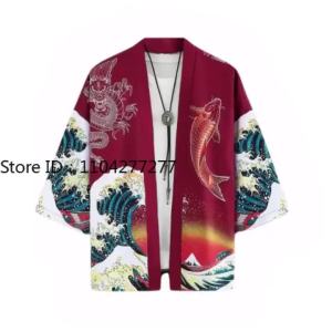 Sóng Mùa Hè Cá Chép Họa Tiết Rồng Áo Cardigan Kimono Nhật Bản Ukiyo-e Haori Nam Nữ Đỏ Bãi Biển In Họa Tiết Tay Áo Ba Phần Tư