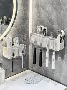 Suction Cup Toothbrush Holder Wall Mounted Bathroom Organizer Toothpaste Cup Rack New 2024 Luxury Style Storage Shelf