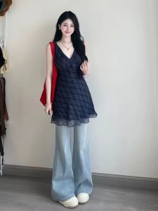 VKSOD | Loose Denim Skirt And Shirts Womens Summer Fashion Two-Piece Set V-Neck Short Sleeve Chiffon Top Long Pants Casual Outfit