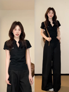 Korean Style Street Fashion Sportswear Set Womens Loose Casual Polo Neck Short Sleeve Long Pants Two-Piece Suit Summer 2025
