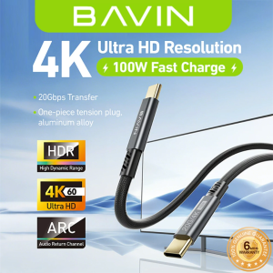BAVIN HD24 Fast Charging 100W Type-C to Type-C Cable 20Gbps w/ 4K60Hz Ultra HD Plug & Play for Multi-System Devices