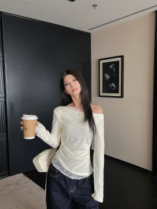 Spring Shoulder Bared T Shirt Womens Long Sleeve One Shoulder Lace Splicing Base Shirt Summer Blue Tide Rain Street Style Slim Fit