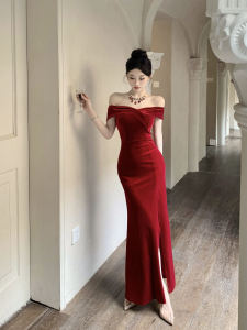 Women Sleeveless One Shoulder Wrap Velvet Midi Dresses Elegant Party Dresses with Split for Women Korean style evening party Tailored fish tail skirt mid length