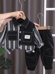 Bộ Áo Sơ Mi Kẻ Sọc Cho Bé Trai Mùa Thu Hai Mảnh Thời Trang Trẻ Em Phong Cách Hàn Quốc Cotton Polyester Áo Sơ Mi Trẻ Em