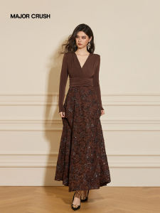 French Plane Tree Autumn V-neck Elegant Retro Luxury Brown Dress