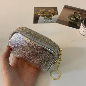 Crack Silver Wallet 3 Zip Cowhide Portable Exquisite Ins Niche Design Simple Coin Purse Small Bag for Women