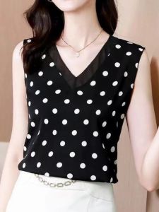 Polka Dot Chiffon V Neck Design Summer Outerwear Suit Loose Sleeveless Vest Womens Base Shirt Inner Wear Casual Fashion