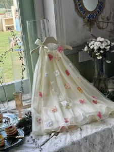 Rolanko Girls Princess Dress & Halter Neck Flower Girl Tulle Dresses with Appliques Wedding Birthday Vacation Wear 3-11Years