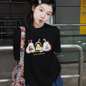 Pure Cotton Short Sleeve Womens T-shirt Summer New Design Loose Fit plus Size Trendy Half Sleeve round Neck Top