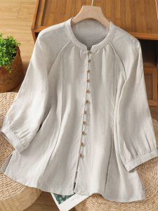 เสื้อเชิ้ตลินินคอตตอนหลวมสไตล์ลำลองสำหรับผู้หญิงในฤดูร้อน สีสันสดใส แขนยาว 7 ฟุต ทรงหลวม ทรงหลวม สำหรับใส่ลำลอง ด้านนอก