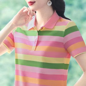 Pure Cotton Summer Western Style Stripes T-Shirt Womens Lapel New Arrival Middle-Aged Ladieswear Plus Size Slimming Youthful-Looking Polo Shirt Tops