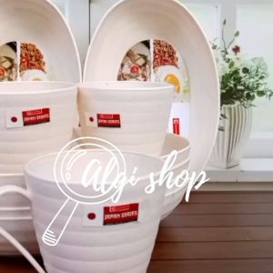 12Pcs paket rmen putih (Gatis sndok) isi 6piring saji oval cmapur 6gelas ganggang 450ml tebal BPA FREE
