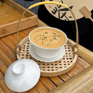 New Chinese Style Bamboo Basket Cover Bowl Coffee Cup Set Retro Ceramic Latte Cup Tea Cup Tea Set Creative Dessert Cup