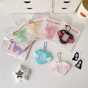 Angel Wings Hollow out 1 Inch ID Card Photo Keychain Holder Creative Gift Acrylic Material Heart Shaped Student Love Pendant
