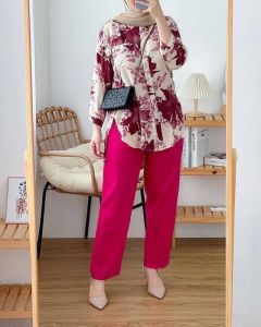 Setelan Tunik Wanita Terbaru Set Hijab Segi 4 Long Tunik Azizah Rayon Diamond Celana Cringkle Premium Busui