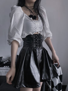 Womens Short Sleeve PU Leather Pleated Skirt Two-Piece Set Summer New Style Wooden Edge Bells Cat Ear Fashion Ensemble