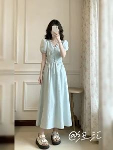 NIUVIES | Đầm Maxi Tay Ngắn Cổ V Màu Xanh Pháp
