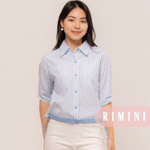 RIMINI - Kemeja Garis Katun Premium Serut Samping Stripes Drawstring Stripes Size XS-3XL - Rhinea Top 7512