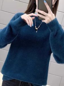 Blue Thickened Soft Mink Sweater Womens Loose Lazy Style Autumn Winter New Knitted Warm Inner Wear Base Shirt Commute Style