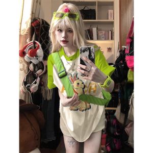 American Sweetheart Dopamine Fluorescent Green Contrast Color Raglan Short Sleeve T-Shirt Womens Summer Cute Korean Style Preppy Style Top