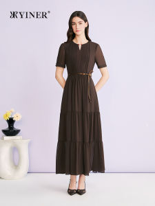 YINER | Đầm Lụa Chiffon Tầng Xòe Cổ Tròn Có Hạt Thắt Dây Cao Elegante Mùa Hè