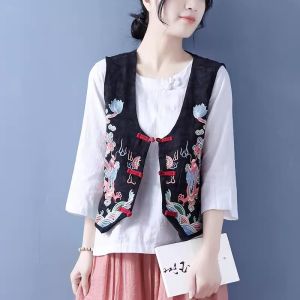 เสื้อกั๊กคอวีปักลายผ้าฝ้ายลินินแขนกุดสไตล์ชาติพันธุ์สำหรับผู้หญิง ฤดูใบไม้ผลิ 2025 เสื้อคลุมกันหนาวแบบสั้น